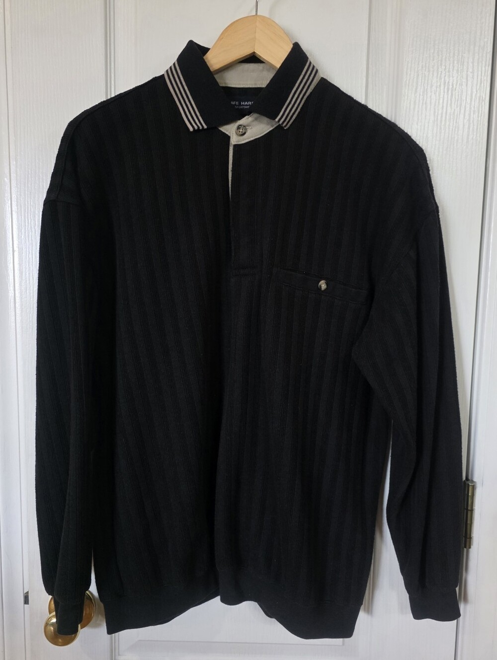 Safe Harbors, Long-Sleeve Polo Sweater-Vneck, Collar, Men's Sz M Blk/tan